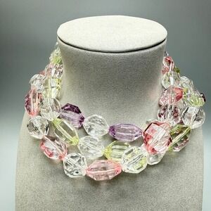 Pastel Lucite Bead Triple Strand Choker Necklace 16" Multicolor Chunky Summer